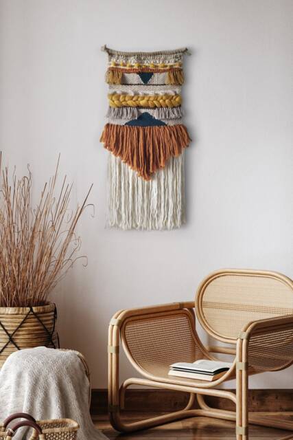 Boho Earth Tones Woven Tapestry For Eclectic Interior, Narrow Textile Wall Hanging Boho Bedroom, Burnt Orange Wool Art - image 1