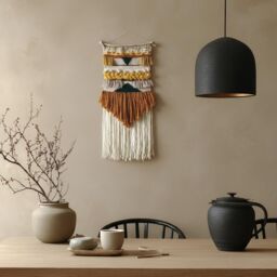 Boho Earth Tones Woven Tapestry For Eclectic Interior, Narrow Textile Wall Hanging Boho Bedroom, Burnt Orange Wool Art - thumbnail 2