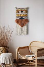 Boho Earth Tones Woven Tapestry For Eclectic Interior, Narrow Textile Wall Hanging Boho Bedroom, Burnt Orange Wool Art - thumbnail 1