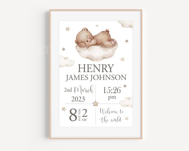 Personalised Teddy Bear Print Unframed Birth Gift New Baby Keepsake Cloud Neutral Beige Sleep Stars - image 1