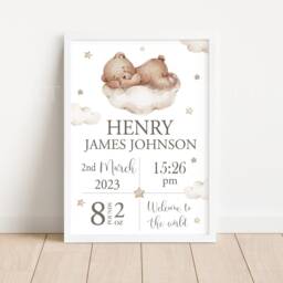 Personalised Teddy Bear Print Unframed Birth Gift New Baby Keepsake Cloud Neutral Beige Sleep Stars - thumbnail 3
