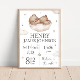 Personalised Teddy Bear Print Unframed Birth Gift New Baby Keepsake Cloud Neutral Beige Sleep Stars - thumbnail 2