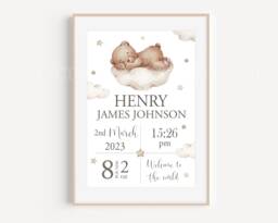 Personalised Teddy Bear Print Unframed Birth Gift New Baby Keepsake Cloud Neutral Beige Sleep Stars - thumbnail 1