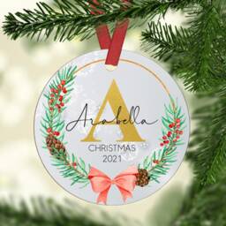 Personalised First Christmas Ornament Baby's Initial, Holly Wreath Ceramic Or Mdf Acrylic Keepsake Customised Hanging Bauble Custom Disc - thumbnail 2