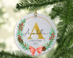 Personalised First Christmas Ornament Baby's Initial, Holly Wreath Ceramic Or Mdf Acrylic Keepsake Customised Hanging Bauble Custom Disc - thumbnail 1