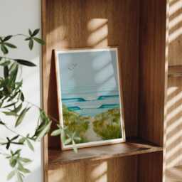 Beach Waves Watercolor Painting - Coastal Sand Dunes Art Print - thumbnail 2