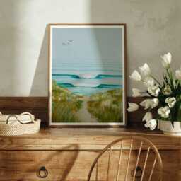 Beach Waves Watercolor Painting - Coastal Sand Dunes Art Print - thumbnail 3