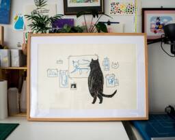 Cat Gallery A2 Risograph Poster - Illustration in Black & Cornflower Blue Of A Cat Judging Minimalistic Art - thumbnail 1