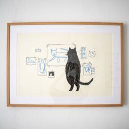 Cat Gallery A2 Risograph Poster - Illustration in Black & Cornflower Blue Of A Cat Judging Minimalistic Art - thumbnail 2