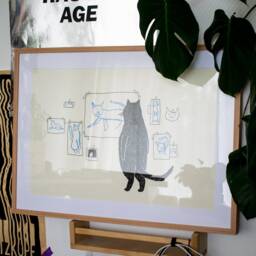 Cat Gallery A2 Risograph Poster - Illustration in Black & Cornflower Blue Of A Cat Judging Minimalistic Art - thumbnail 3