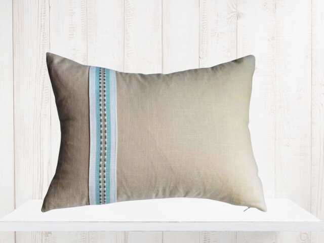 Linen Rectangle Pillow Cover - Tan Beige With Spa Blue Stripe - image 1