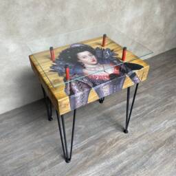 Chunky Square Wood Base Artisan Crafted Queen Of Bohemia Side Table With Glass Top - thumbnail 4