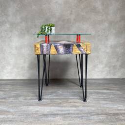 Chunky Square Wood Base Artisan Crafted Queen Of Bohemia Side Table With Glass Top - thumbnail 3