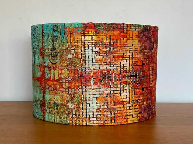 Orange & Aqua Distressed Style Lampshade Rust Patina For Ceiling Pendants Or Standard Table Floor Lamps Handwriting Piano Music - image 1