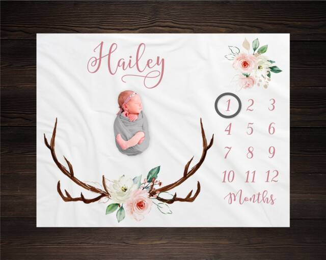 Floral Woodland Milestone Blanket Monthly Growth Tracker Antlers Baby Shower Gift Newborn Watch Me Grow Girl - image 1