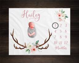 Floral Woodland Milestone Blanket Monthly Growth Tracker Antlers Baby Shower Gift Newborn Watch Me Grow Girl - thumbnail 1