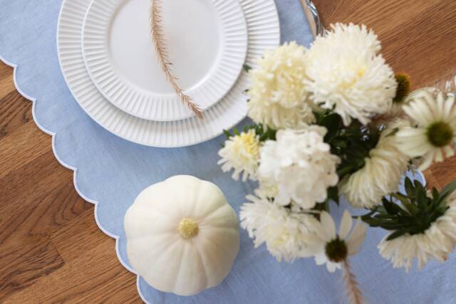 Linen Table Runner - Baby Blue With Scalloped White Edges - 12x47 Inch - image 1