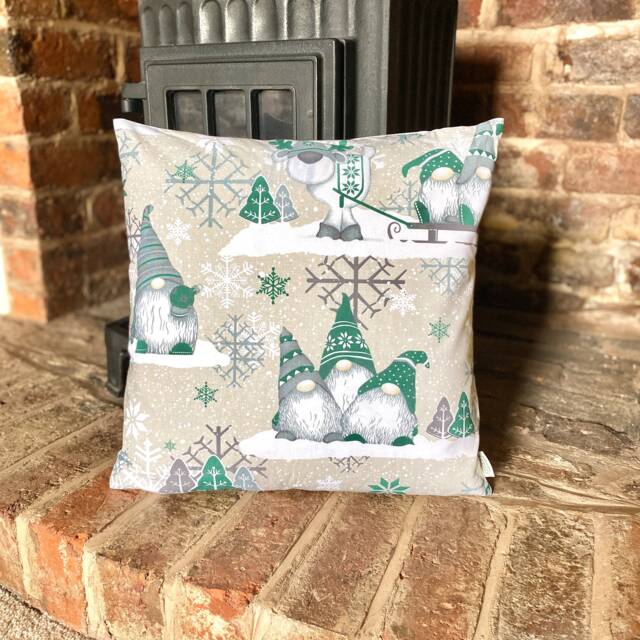 1156. Christmas Dwarfs in Green On Beige 100% Cotton Cushion Cover Various Sizes - image 1