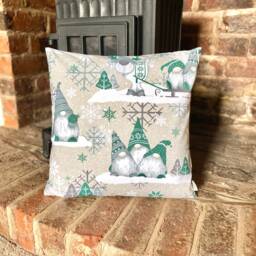 1156. Christmas Dwarfs in Green On Beige 100% Cotton Cushion Cover Various Sizes - thumbnail 1