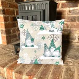 1156. Christmas Dwarfs in Green On Beige 100% Cotton Cushion Cover Various Sizes - thumbnail 2