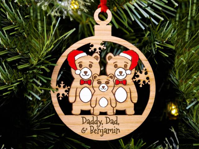 Cute Bear Family Christmas Tree Decoration, Personalised Oak Engraved Xmas Bauble, Stocking Stuffer, Gay Same Sex Dad Men's Kids Of 3 - image 1