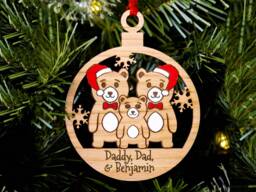 Cute Bear Family Christmas Tree Decoration, Personalised Oak Engraved Xmas Bauble, Stocking Stuffer, Gay Same Sex Dad Men's Kids Of 3