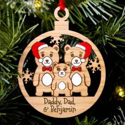Cute Bear Family Christmas Tree Decoration, Personalised Oak Engraved Xmas Bauble, Stocking Stuffer, Gay Same Sex Dad Men's Kids Of 3 - thumbnail 2