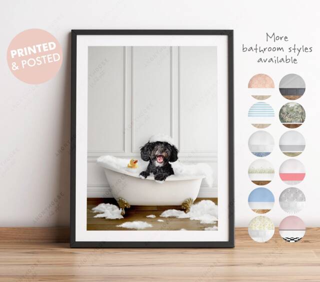 Black Cockapoo Dog in A Bath Print, Bathing, Funny Bathroom Animal Bathtub, Tub Whimsy - image 1