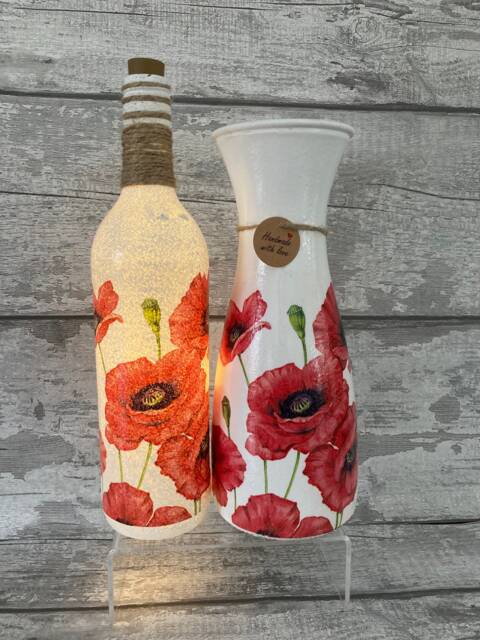 Decoupage Light Up Bottle & Vase Set - Poppy Mother's Day Gift - image 1