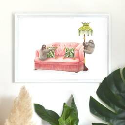 Sloth Art Print Funny Sloths On Vintage Chesterfield Couch - A3 - thumbnail 3