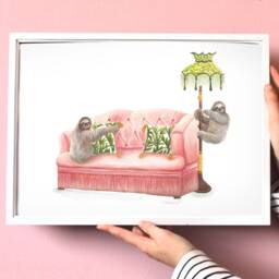 Sloth Art Print Funny Sloths On Vintage Chesterfield Couch - A3 - thumbnail 2