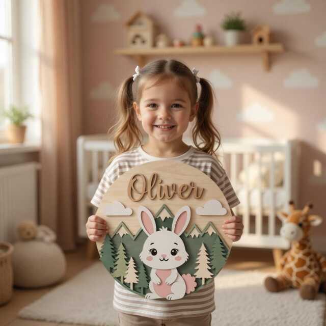 Personalized Woodland Rabbit Name Sign, Nursery Decor, 3D Wood Baby Custom Room Wall Art, Cute Forest Animal Decor - image 1
