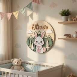 Personalized Woodland Rabbit Name Sign, Nursery Decor, 3D Wood Baby Custom Room Wall Art, Cute Forest Animal Decor - thumbnail 3