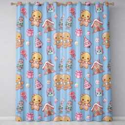 Cute Gingerbread Girl Candy House Sweet Blue Stripe Background Seamless Pattern Readymade Eyelet Ring Top Thermal 100% Blackout Curtains - thumbnail 2