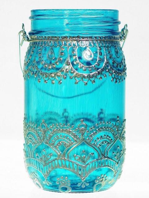 Hand Painted Henna Mason Jar Lantern Bohemian Decor Gift - image 1