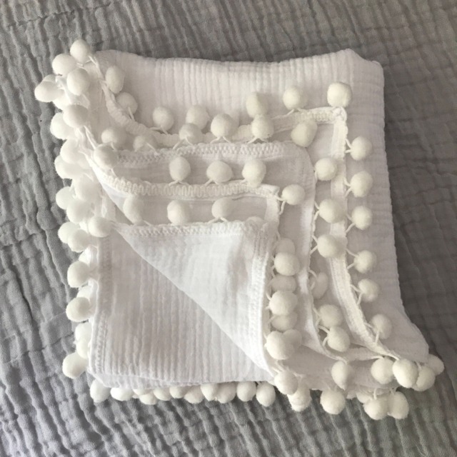 Pom Pom Swaddle, White Swaddle Blanket, Throw Newborn Baby Set - image 1