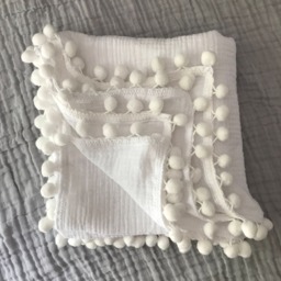Pom Pom Swaddle, White Swaddle Blanket, Throw Newborn Baby Set - thumbnail 1