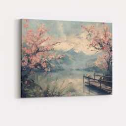 Blossom Tree Mountain Lake Spring Landscape Japanese Inspired Canvas Wall Art Print Decor Picture Ready To Hang - thumbnail 4
