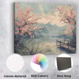 Blossom Tree Mountain Lake Spring Landscape Japanese Inspired Canvas Wall Art Print Decor Picture Ready To Hang - thumbnail 2