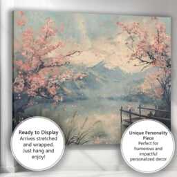Blossom Tree Mountain Lake Spring Landscape Japanese Inspired Canvas Wall Art Print Decor Picture Ready To Hang - thumbnail 3