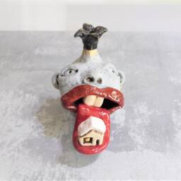 Funny Ceramic Pomegranate Sculpture With Face Sticking Its Tongue Out & Tiny House On It, Whimsical Art Home Decor From Israel, Judaic - thumbnail 3