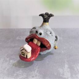Funny Ceramic Pomegranate Sculpture With Face Sticking Its Tongue Out & Tiny House On It, Whimsical Art Home Decor From Israel, Judaic - thumbnail 2