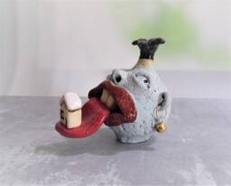 Funny Ceramic Pomegranate Sculpture With Face Sticking Its Tongue Out & Tiny House On It, Whimsical Art Home Decor From Israel, Judaic - thumbnail 1