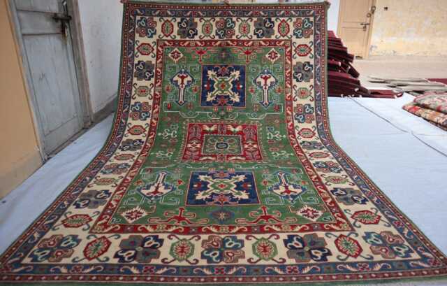 6x9 Greenish Ekash Afghan Area Rug, Kazak Hand Knotted New Luxury Rug - Medallion Turkish Geometric For Livingroom - image 1