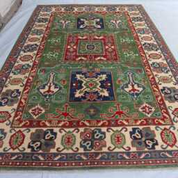 6x9 Greenish Ekash Afghan Area Rug, Kazak Hand Knotted New Luxury Rug - Medallion Turkish Geometric For Livingroom - thumbnail 2