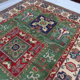 6x9 Greenish Ekash Afghan Area Rug, Kazak Hand Knotted New Luxury Rug - Medallion Turkish Geometric For Livingroom - thumbnail 3