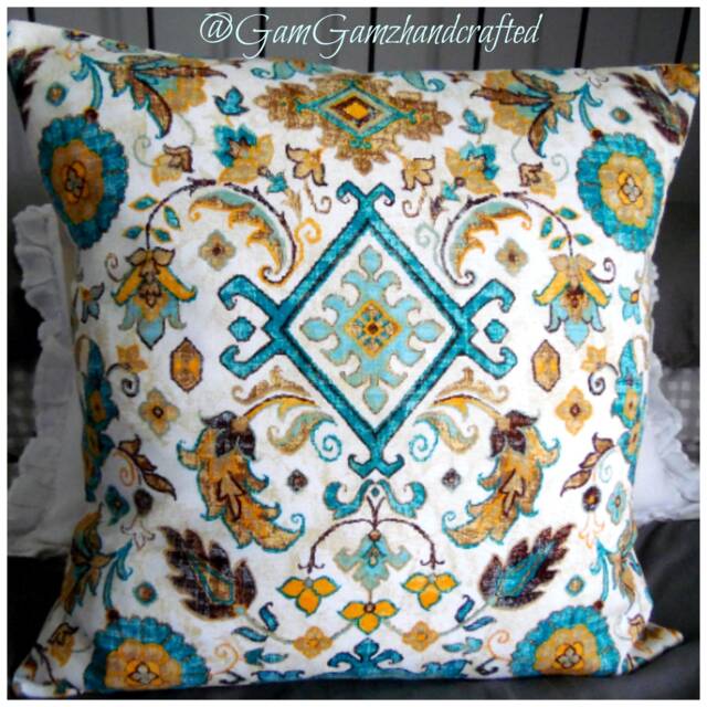 Dhurri Print Pillow Cover Teal, Gold, & Mustard Accent - image 1