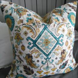 Dhurri Print Pillow Cover Teal, Gold, & Mustard Accent - thumbnail 3
