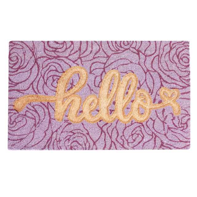 Large Embossed Coir Doormat 45 X 75cm Hello Roses Print Natural Coconut Dirt Trapper Non-Slip Mat - image 1