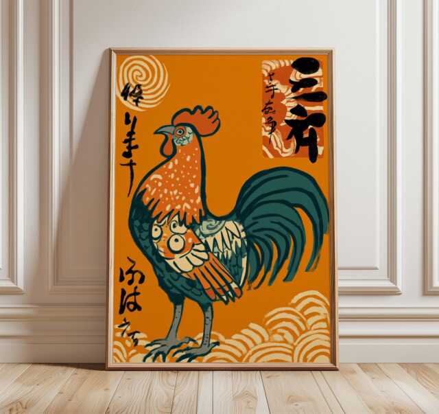 Japanese Rooster Wall Art, Oriental Folk Print, Vibrant Animal Poster, Symbolic Year Of Decor, Bold Orange Artwork, Asian Home Art - image 1